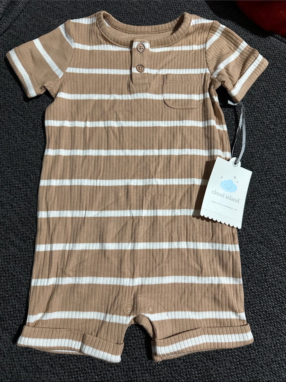 cloud island Tan and White Striped Ribbed Short-Sleeve Romper